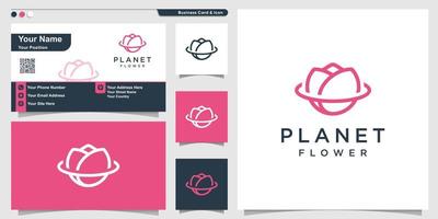 blomma logotyp med line art planet koncept och visitkort design premium vektor