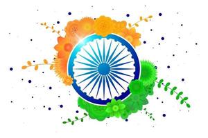 indische unabhängigkeit 15. august oder tag der republik 26. januar banner. nationalfeiertagsflyer für indien. feierplakat mit blumen in flaggenfarben mit radsymbol. Vektor-Illustration
