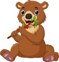 tecknad baby brun björn med röda tranbär vektor