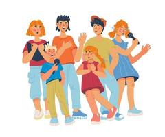 süße Zeichentrickfiguren für Jungen und Mädchen, die zusammen singen. kinderchoraufführung, gesangsunterricht oder musikalisches unterhaltungskonzept. Kinder-Karaoke-Band-Banner. flache vektorillustration.