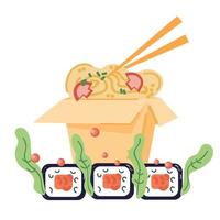 Japansk matrestaurangikon för menykort eller logotypelement med sushi och nudlar i låda, platt vektorillustration isolerade. asiatisk take-away café leverans symbol. vektor