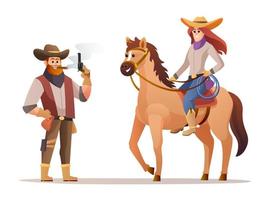 Western-Cowboy der wild lebenden Tiere, der Gewehr und Cowgirl-Reitpferdecharakterillustration hält vektor