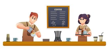 söt manlig barista som gör kaffe och den kvinnliga baristan som bär kaffe med brickaillustration vektor