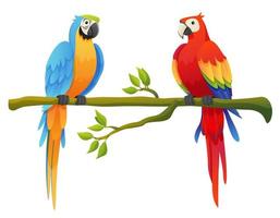 niedliche ara-papageienvögel, die auf einer zweigkarikaturillustration thront