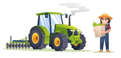 niedliche bäuerin, die bio-gemüse neben traktor im karikaturstil hält. Abbildung des Erntebauern vektor