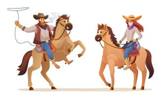 Cowboy- und Cowgirl-Reitpferdefiguren. wild lebende westliche konzeptillustration vektor