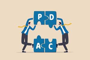 pdca-zyklus zur verwaltung des arbeitsprozesses für kontinuierliche verbesserung und bessere arbeitsqualität, planen, tun, überprüfen und handeln konzept, geschäftsmann mitarbeiter helfen dabei, die puzzle-schleife mit alphabeten pdca zu vervollständigen. vektor