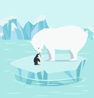 isbjörnar och pingviner på ett isberg vid nordpolen Arktis vektor