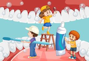 glückliche kinder, die mit einer zahnbürste im menschlichen mund die zähne aufhellen vektor