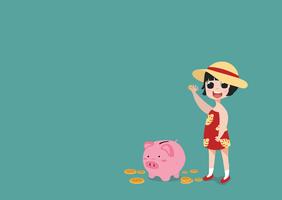 kleines Mädchen, das Münze ein Sparschweingeld-Sparkonzept setzt vektor