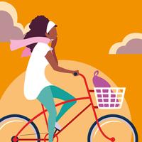 ung kvinna afro ridcykel med sky orange vektor