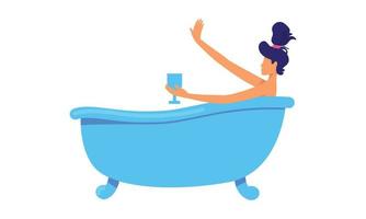 Frau mit Weinglas, die in der Badewanne ruht, halbflacher Farbvektorcharakter vektor