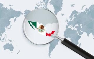 vergrößerte karte von mexiko auf amerika zentrierte weltkarte. vergrößerte karte und flagge von mexiko. vektor