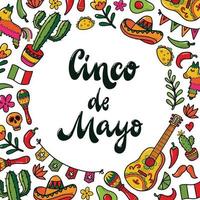 cinco de mayo bokstäver citat dekorerad med ram av handritade doodles för utskrifter, inbjudningar, affischer, kort, skyltar, etc. mexikanskt tema. eps 10 vektor