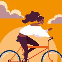 ung kvinna afro ridcykel med sky orange vektor