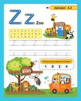 Alphabetbuchstabe z - Zooübung mit Cartoonvokabularillustration, Vektor