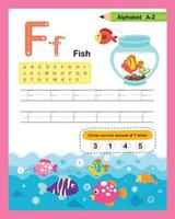 alfabetet bokstaven f - fisk övning med tecknad ordförråd illustration, vektor