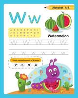 Alphabetbuchstabe w - Wassermelonenübung mit Cartoonvokabularillustration, Vektor