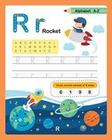alfabetet bokstaven r - raketövning med tecknad ordförråd illustration, vektor