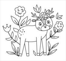 Vektorböhmischer Hirsch mit Blumen auf dem Kopf. Waldschwarzweiss-Tier lokalisiert auf weißem Hintergrund. Boho-Waldblumenlinienzusammensetzung. Wald Malvorlagen. vektor