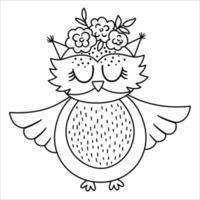 Vektor schwarz-weiße Eule mit ausgebreiteten Flügeln und Blumen auf dem Kopf. niedlichen böhmischen Stil Waldvogel Liniensymbol isoliert auf weißem Hintergrund. süße Boho-Waldillustration für Kartendesign.