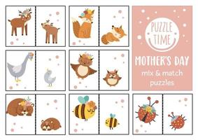 Vektor-Muttertag-Mix-and-Match-Puzzle mit Tierbabys und ihren Müttern. passende Aktivität für Kinder im Vorschulalter. druckbares Lernspiel für Kinder mit niedlichen Waldfiguren vektor