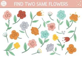 Finden Sie zwei gleiche Blumen. Muttertags-Matching-Aktivität für Kinder. lustiges frühlingspädagogisches logisches Quiz-Arbeitsblatt für Kinder. einfaches druckbares Spiel mit niedlichen Pflanzen vektor
