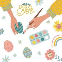 glad påsk gratulationskort. kvinnliga händer målar och dekorerar ägg med färger. ovanifrån konpt. handritad färgad trendig vektorillustration med bokstäver vektor