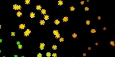 dunkelgrüner, gelber Vektorhintergrund mit Virensymbolen. vektor