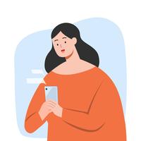 Texting Mitteilung der glücklichen Frau auf Smartphone, Vektorcharakterillustration. vektor