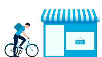 Mann mit Fahrrad im Pickup Store. Lieferungsgeschäftsvektorillustration auf weißem Hintergrund. vektor