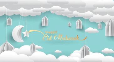 eid mubarak grußkartenillustration, ramadan kareem karikaturvektor, der islamisches fest für banner, poster, hintergrund, flyer, illustration, broschüre und verkaufshintergrund wünscht vektor