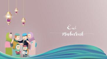 eid mubarak vektorillustration med familjekaraktär. vektor illustration för gratulationskort, affisch och banner. med rolig designstil