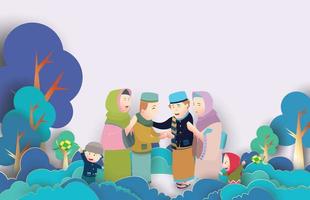 eid mubarak-vektorillustration mit familiencharakter. Vektorillustration für Grußkarten, Poster und Banner. mit lustigem Design-Stil vektor