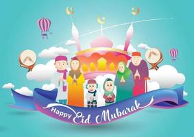 muslimsk familjehälsning firar eid mubarak, ramadan kareem tecknad vektor som önskar islamisk festival för banderoll, affisch, bakgrund, flygblad, illustration, broschyr och försäljningsbakgrund