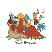 set nusa tenggara kultur och landmärke illustration. handritad indonesiska kulturer bakgrund vektor