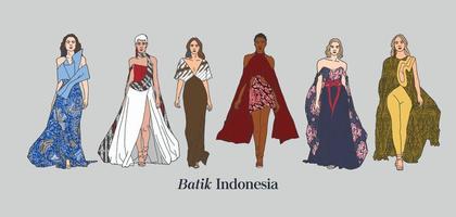isolerad kvinna modevisning handritad vektorillustration. modeller klädda i batik outfit vektor