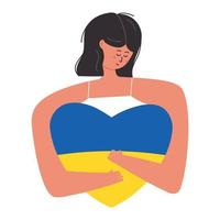 traurige Frau, die ukrainische Flagge in Form von Herzen umarmt, flache Vektorillustration isoliert auf weißem Hintergrund. weibliche figur, die während des krieges für frieden betet. Unterstützung und Hoffnung für die Ukraine. vektor