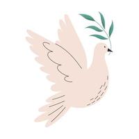 fliegende Taube mit Zweig als Symbol des Weltfriedens und der Freiheit, flache Vektorillustration isoliert auf weißem Hintergrund. taubenvogel, der grüne pflanze hält. vektor