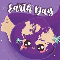 tag der erde kawaii illustration. Happy Planet Earth Cartoon mit einer Frau - Vektor