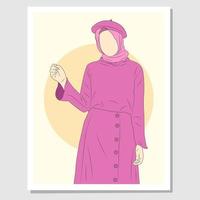 Hijab-Frau im Wandkunststil. Die verschleierte Frau trägt rosa und lila Kleidung. geeignet für Wanddekoration. vektor