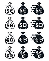 Pengar påsikoner med olika valutasymboler vektor