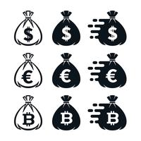Pengar väska ikoner med valutasymboler vektor