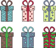 Illustration eines Sets mit Geschenken. vektorgeschenkset für valentinstag, 8. märz, hochzeit, geburtstag, weihnachten. für webseiten und schnittstellen, mobile anwendungen, symbole, postkarten, geschenkpapier. vektor