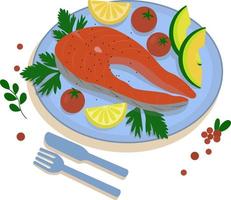 Gegrillter Lachsfiletfisch auf einem Teller. gekochtes Forellensteak mit Zitrone und Tomaten. Cartoon-Vektor-Illustration von Meeresfrüchten.