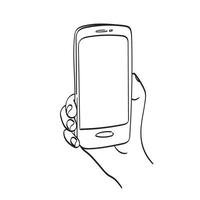 line art närbild hand som håller smartphone med tomt utrymme illustration vektor handritad isolerad på vit bakgrund