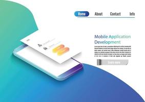mobile App-Entwicklungsvektorillustration. isometrisches handy mit layout der anwendung. Benutzererfahrung, Benutzer-Login-Schnittstelle. Gadget-Software. vektor