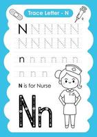 alphabet spur buchstabe a bis z vorschularbeitsblatt mit dem buchstaben n krankenschwester vektor