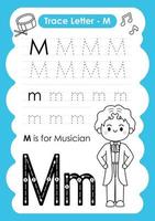 alfabetet spåra bokstaven a till z förskola arbetsblad med bokstaven m musiker vektor