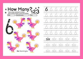Nummernverfolgungsvorlage durch Zählen des Dinosauriers mit der Nummer sechs vektor